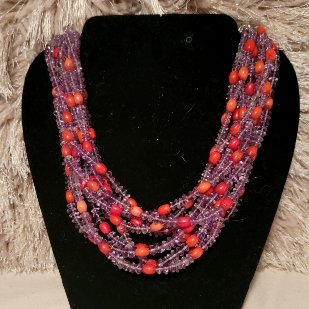 Hand crafted multi strands Amethysts and genuine Red Coral - Silver Necklace ♥️